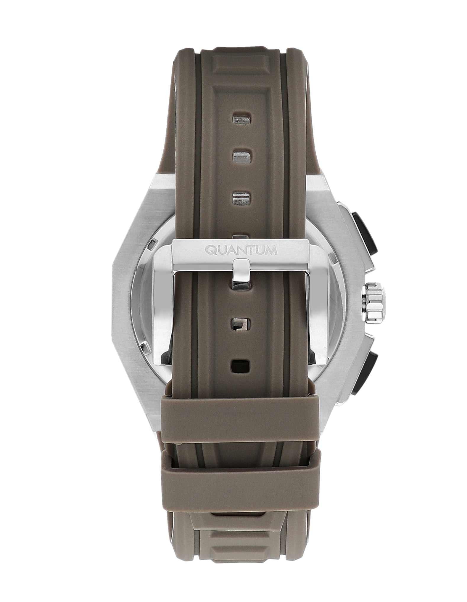 Caseback view of Quantum multifunction watch showing beige strap and case construction