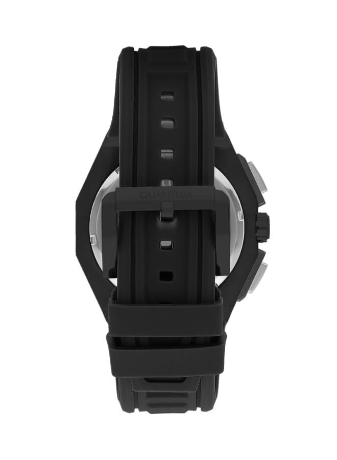 Quantum black chronograph watch caseback view with adjustable silicone strap