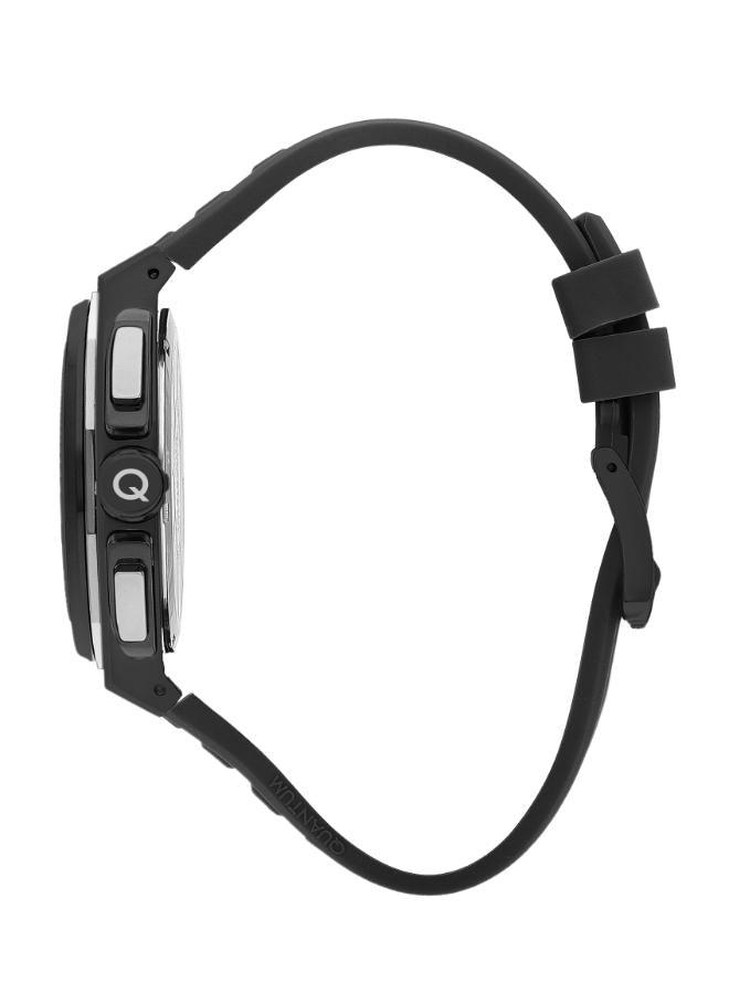 Quantum black chronograph watch shown from the side with silicone strap