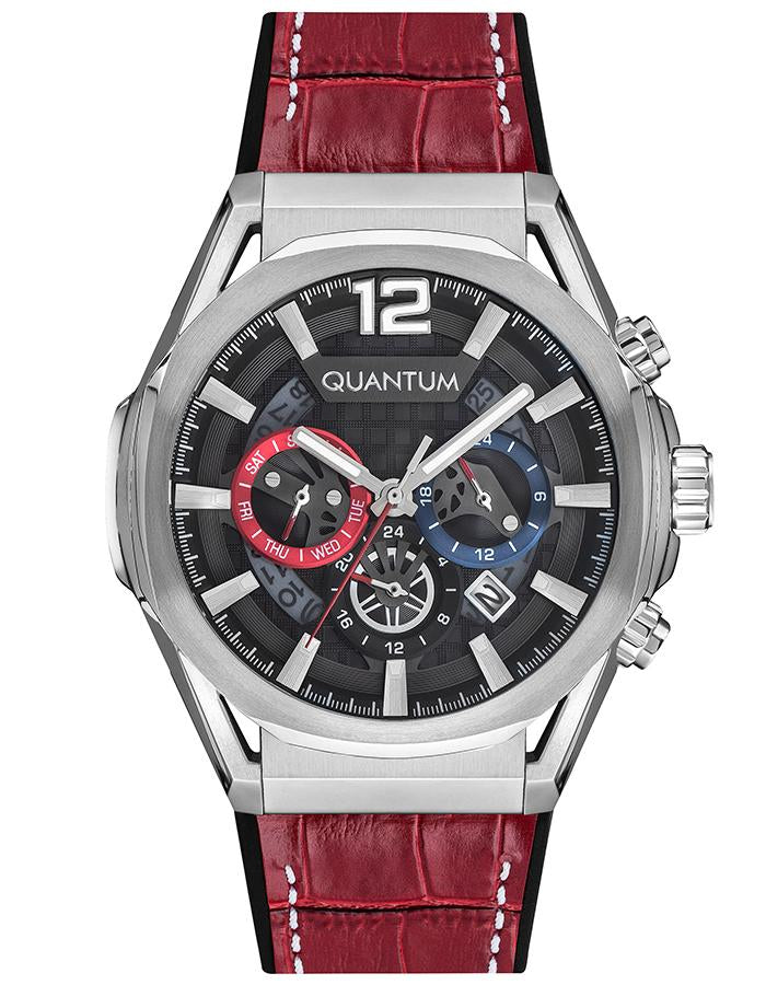 Front view of Quantum MultiFunction watch showing gunmetal dial with red and blue chronograph subdials