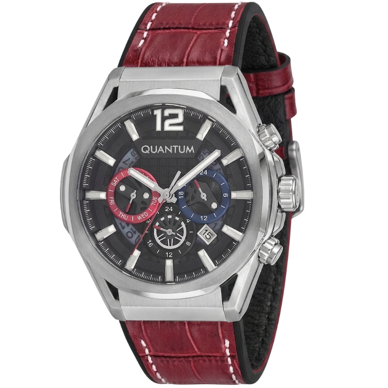 Quantum MultiFunction Calendar watch with gunmetal dial and red silicon strap