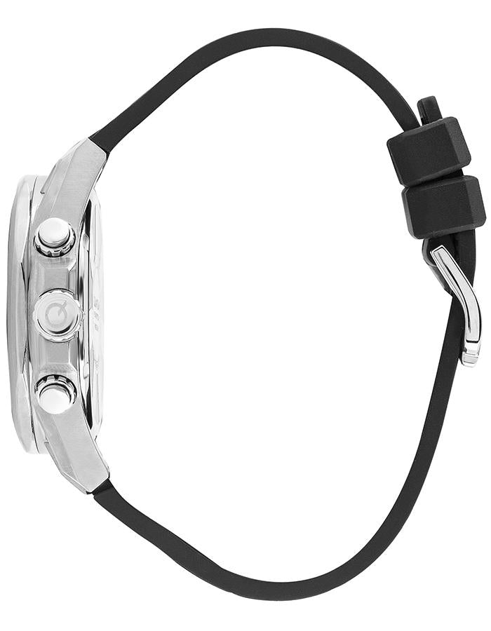 Quantum watch strap detail showing red croc-pattern silicon with black rubber underside