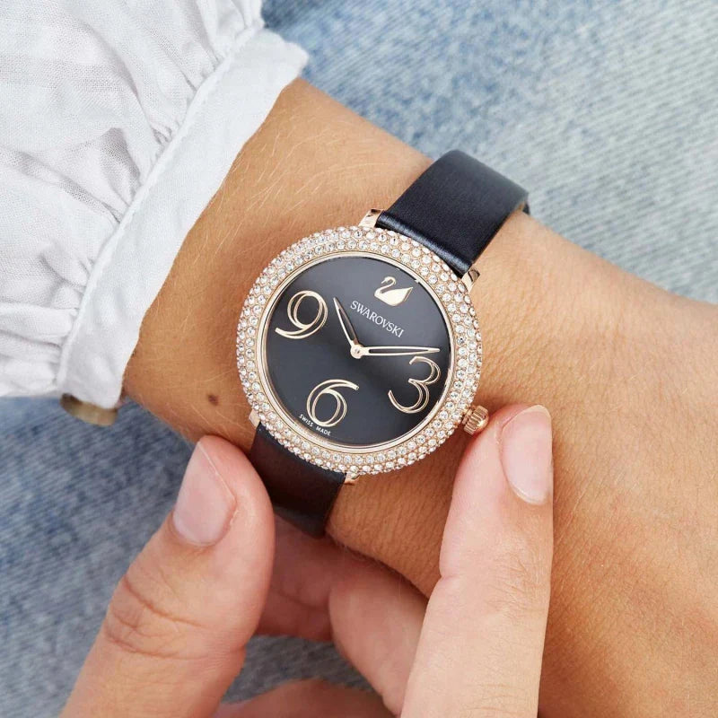 Swarovski Crystal Frost Black Dial Black Leather Strap Women's Watch 5484058