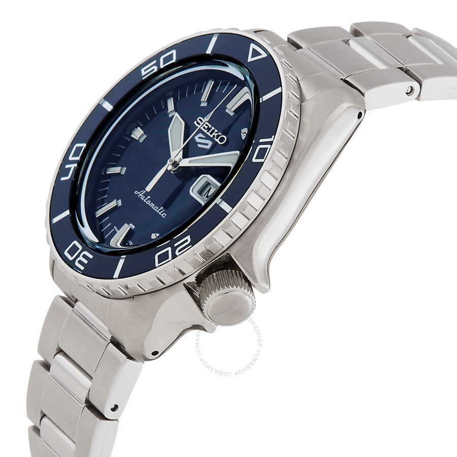 Seiko 5 Sports SKX watch shown from side angle with steel bracelet and rotatable bezel