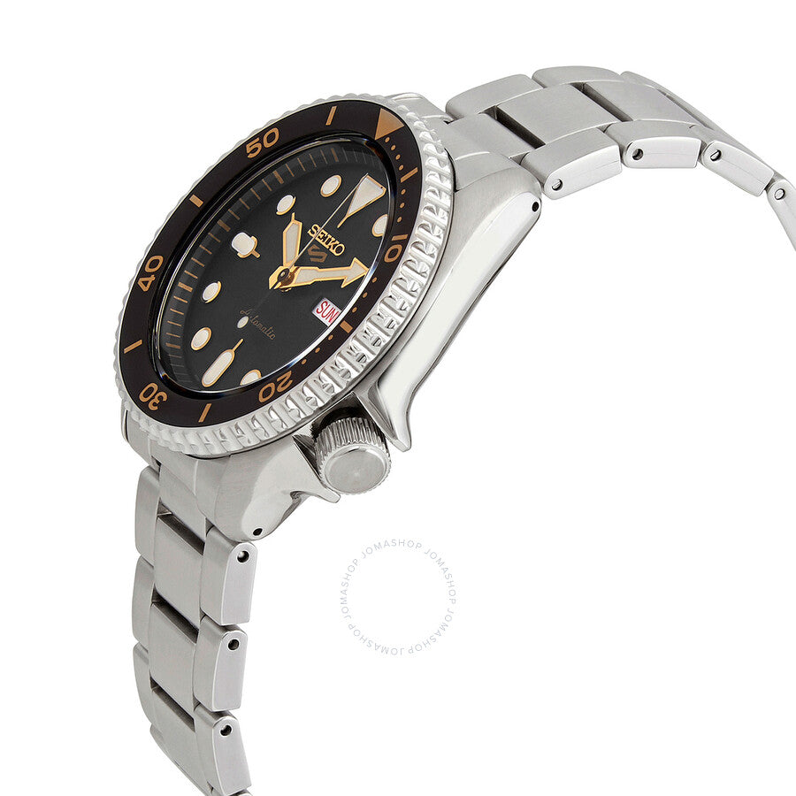Seiko 5 Sports watch from side angle showing case profile and stainless steel bracelet