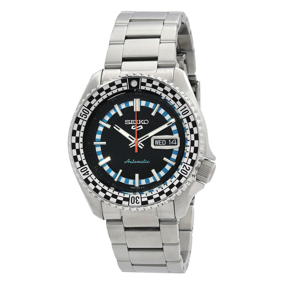 Seiko 5 Sports automatic watch with black dial, blue markers, checkered bezel, stainless steel case and bracelet
