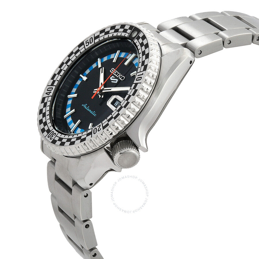 Seiko 5 Sports watch side view showing stainless steel bracelet and profile of round case with checkered bezel