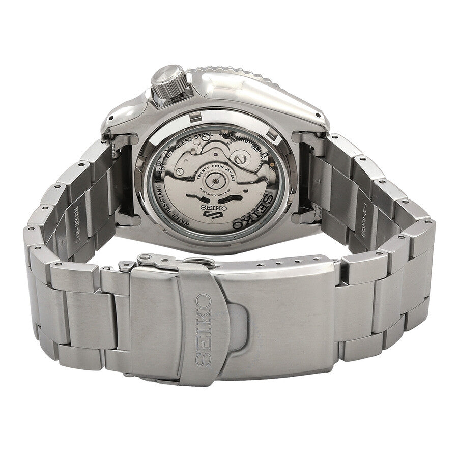Seiko 5 Sports caseback showing automatic movement through transparent exhibition case back