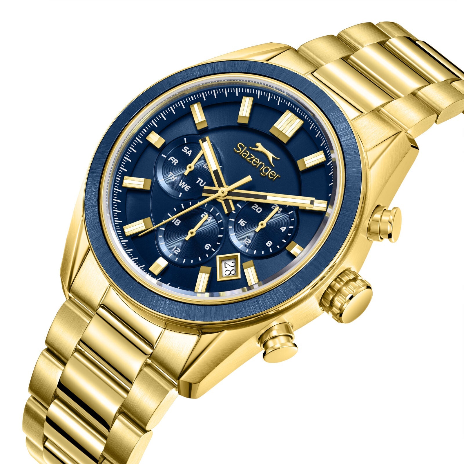 Slazenger Big Daddy chronograph watch angled view showing blue dial and gold bracelet