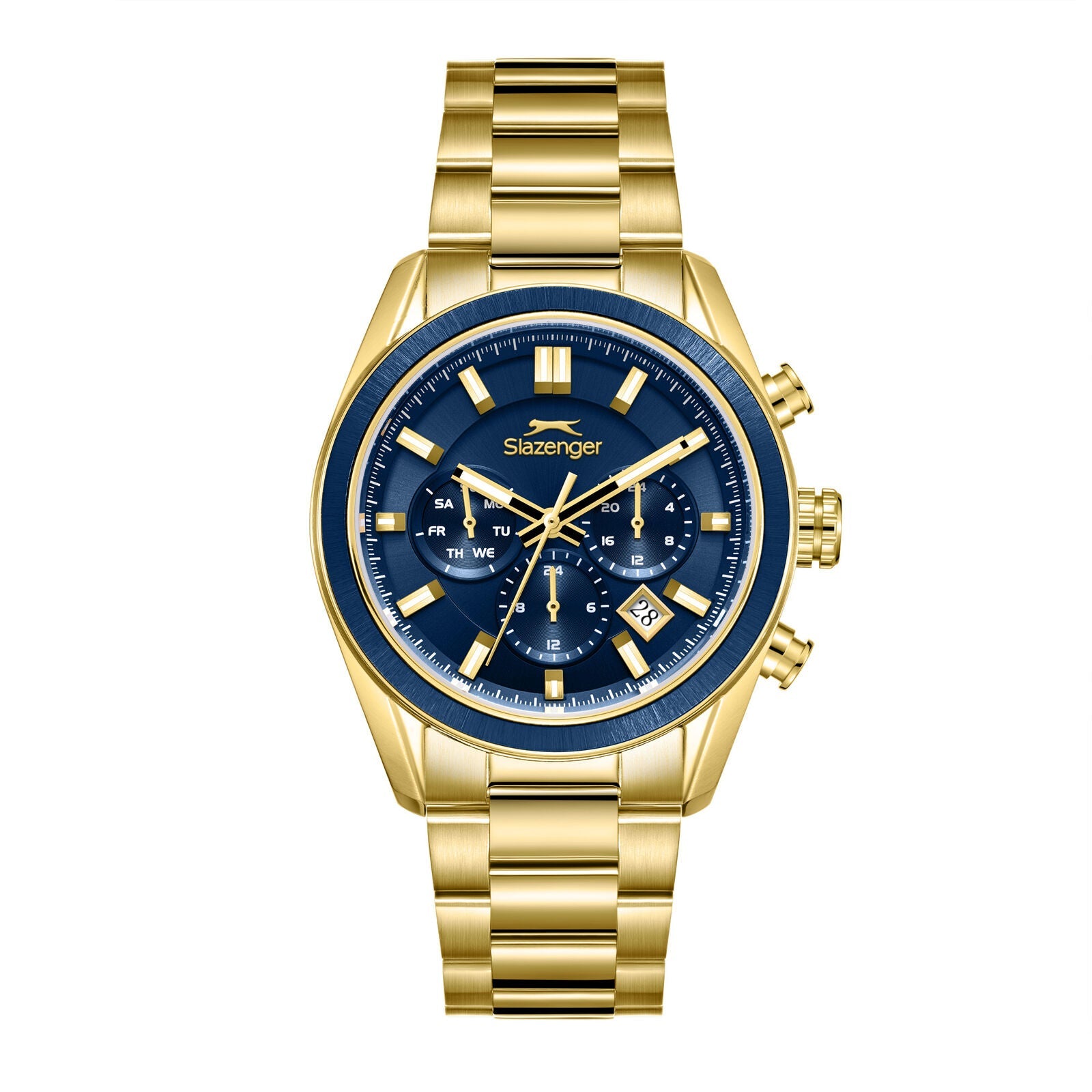 Slazenger Big Daddy chronograph watch with blue dial, gold-tone case and bracelet