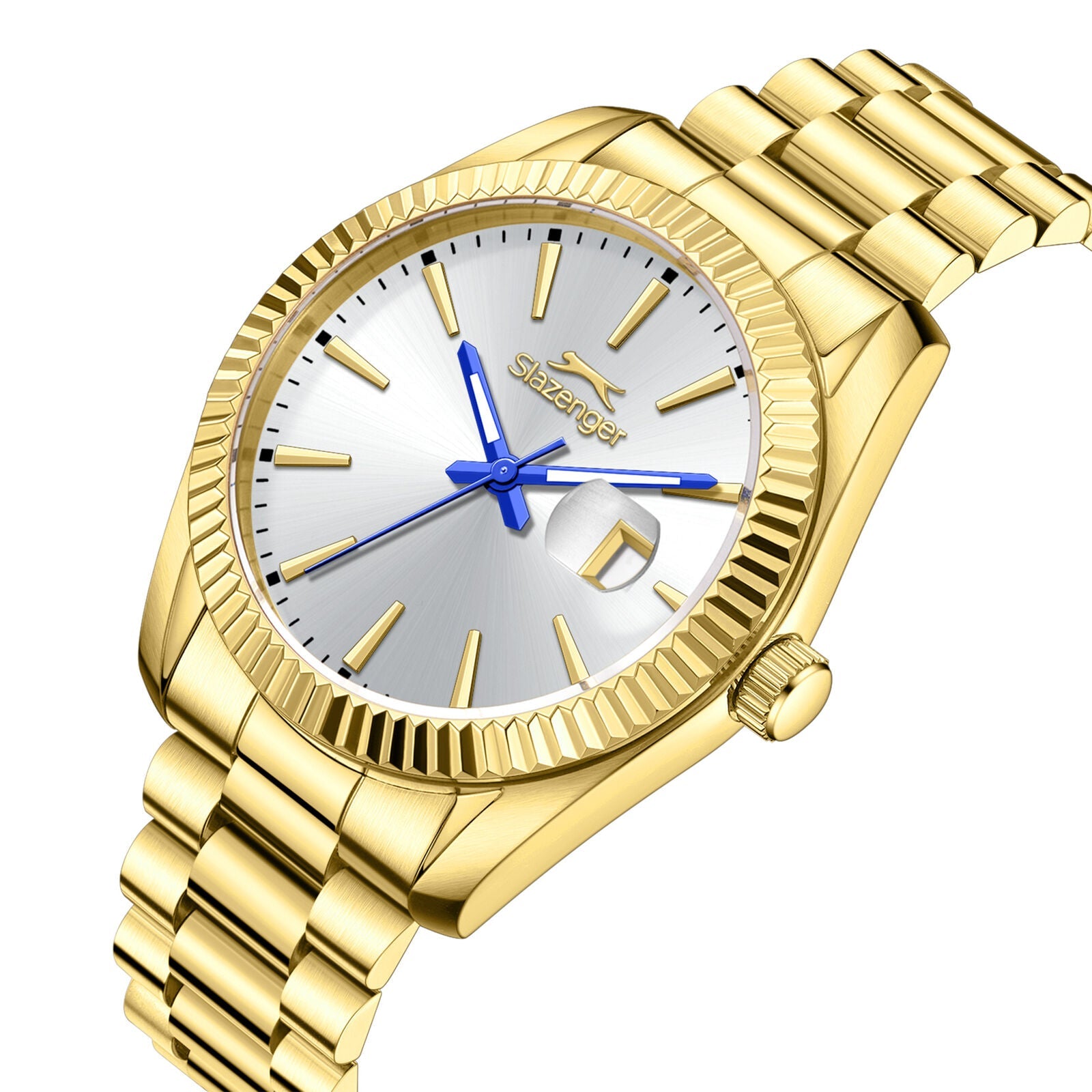Slazenger Classic Day Date gold watch angled view showing case, bezel, and bracelet