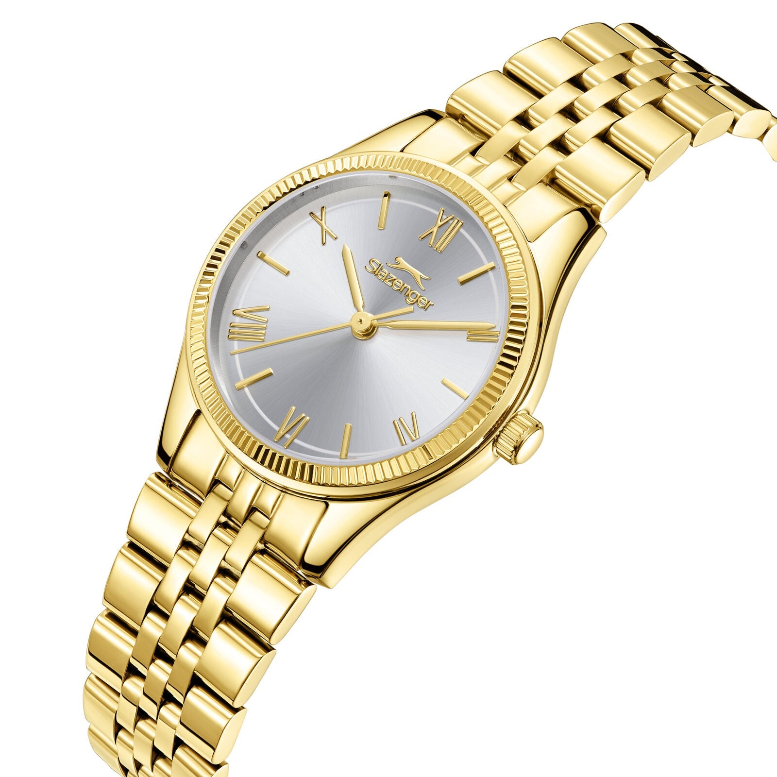 Slazenger Classic Fashion gold watch with silver dial displayed at angle showing bracelet