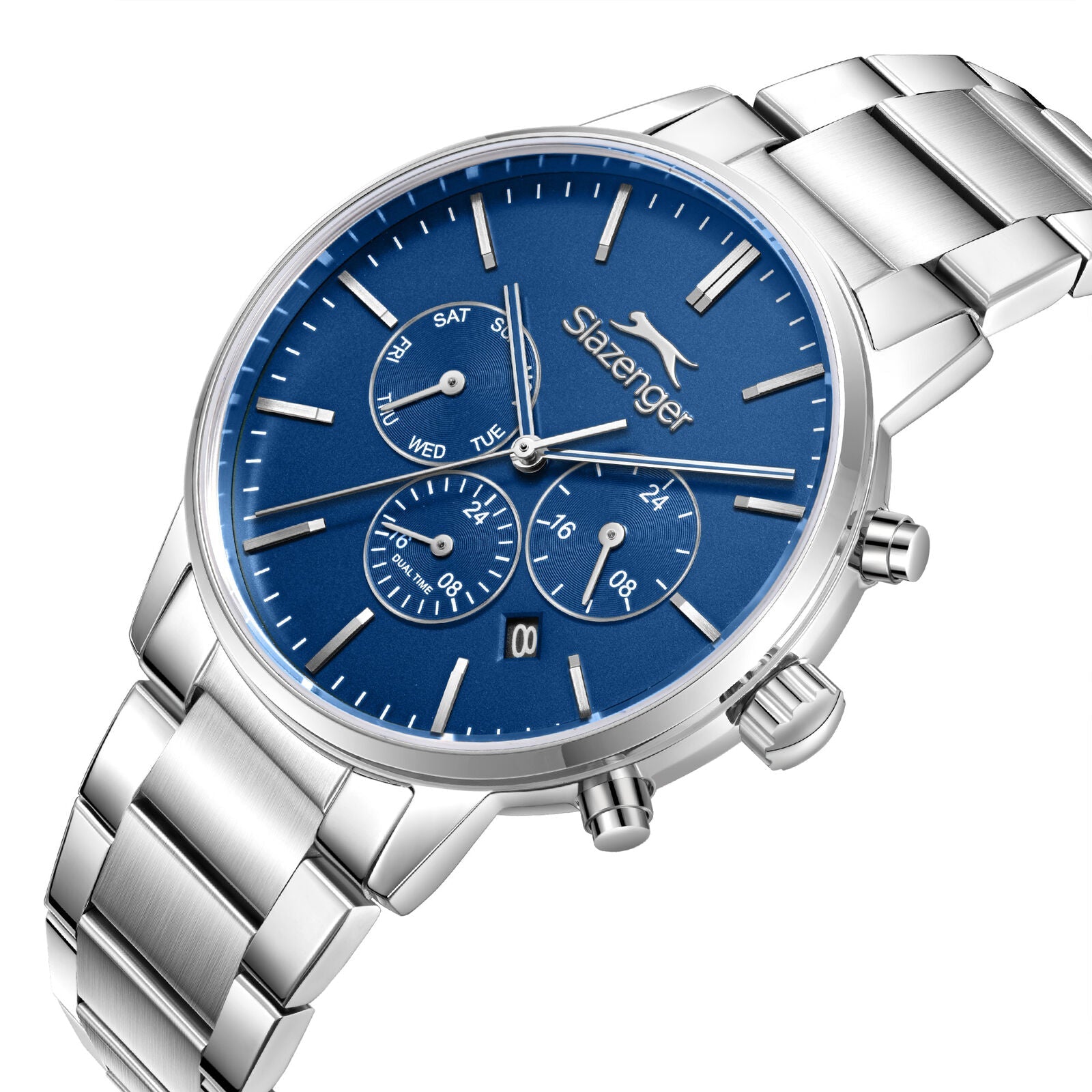 Slazenger Classic watch angled view showing dark blue chronograph dial with silver case