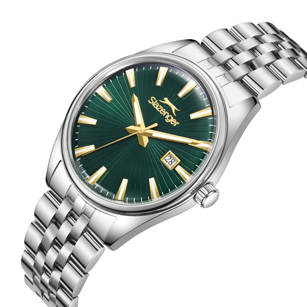 Slazenger Heritage watch angled view showing dark green dial and silver metal bracelet