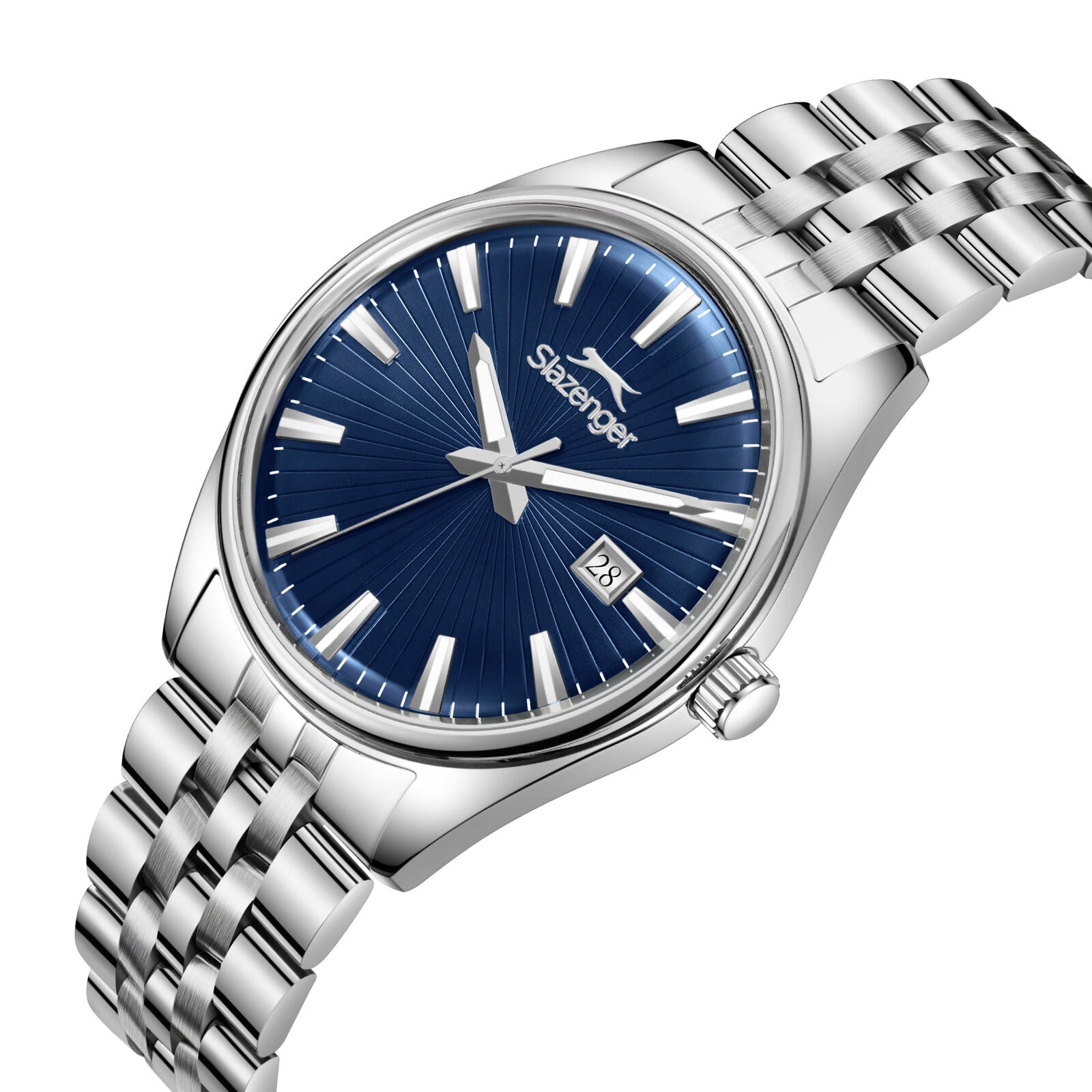 Slazenger Heritage watch angled view showing dark blue dial and silver metal bracelet