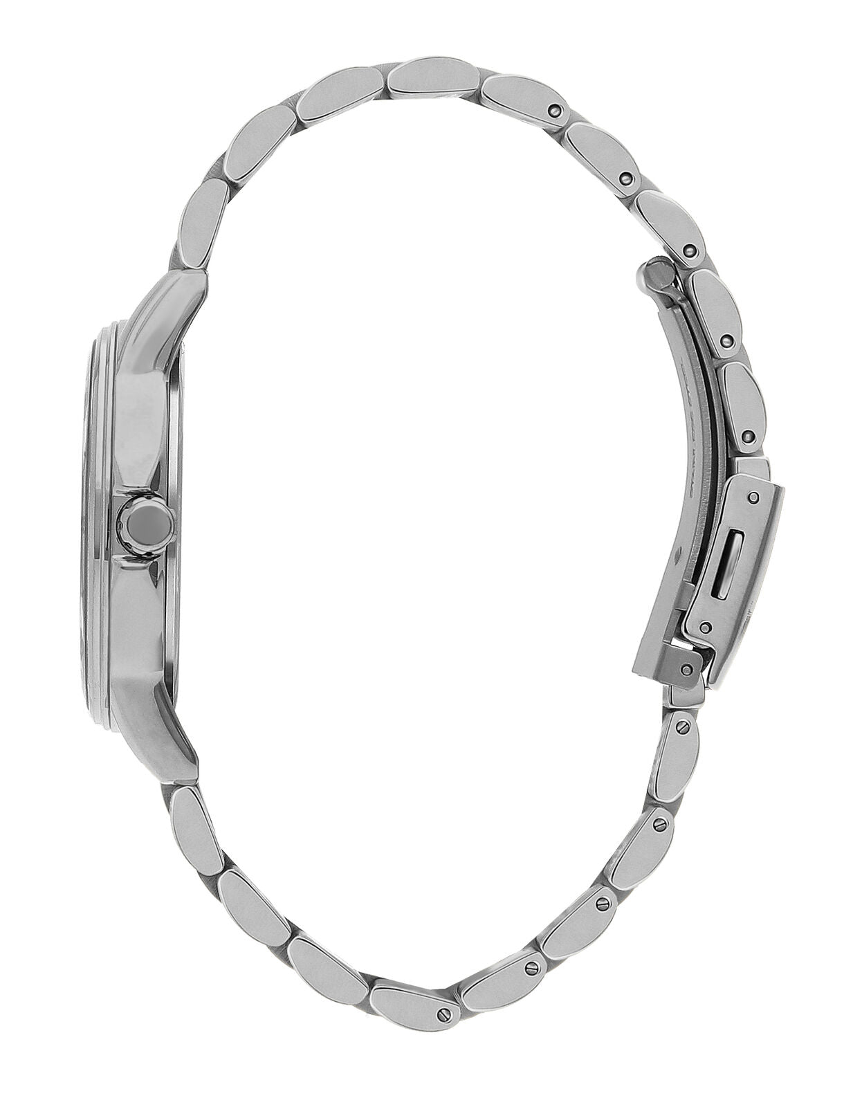 Silver bracelet side view of Slazenger watch showing linked metal band and case profile