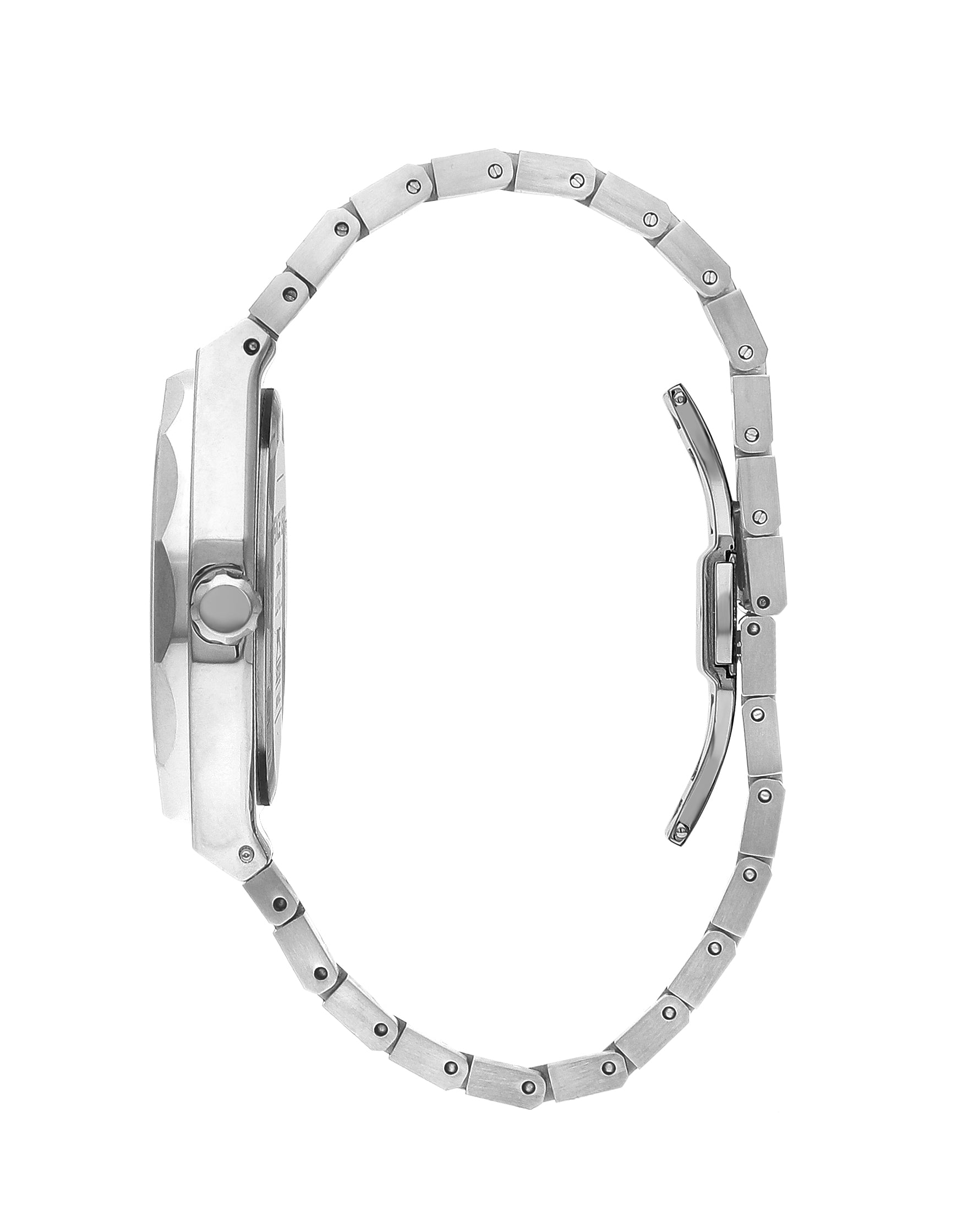 Side view of Slazenger silver stainless steel bracelet watch showing clasp