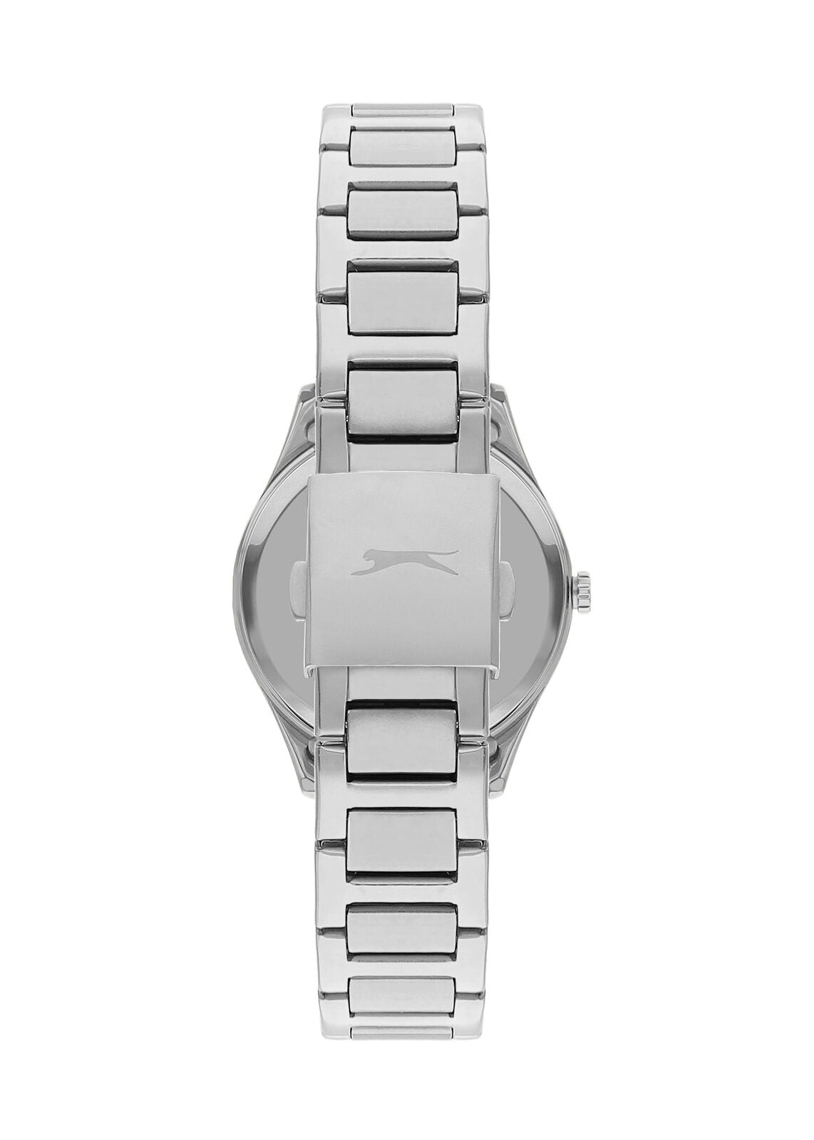 Back view of Slazenger silver watch with stainless steel case and band