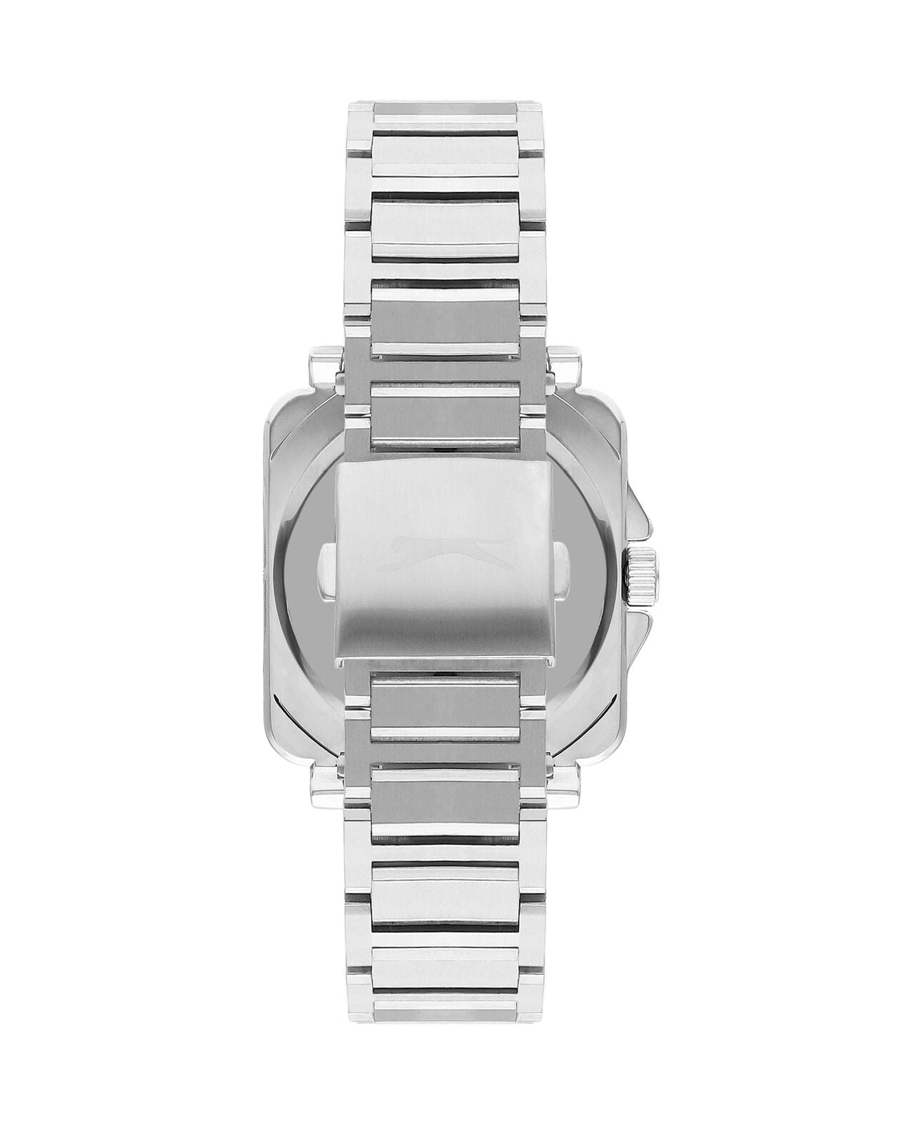 Slazenger square case watch displayed caseback view with silver bracelet