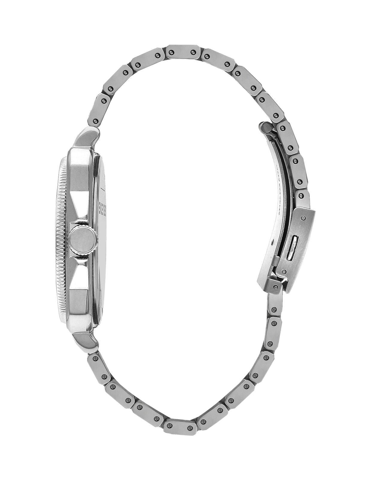 Side view of Slazenger silver stainless steel watch with link bracelet and crown