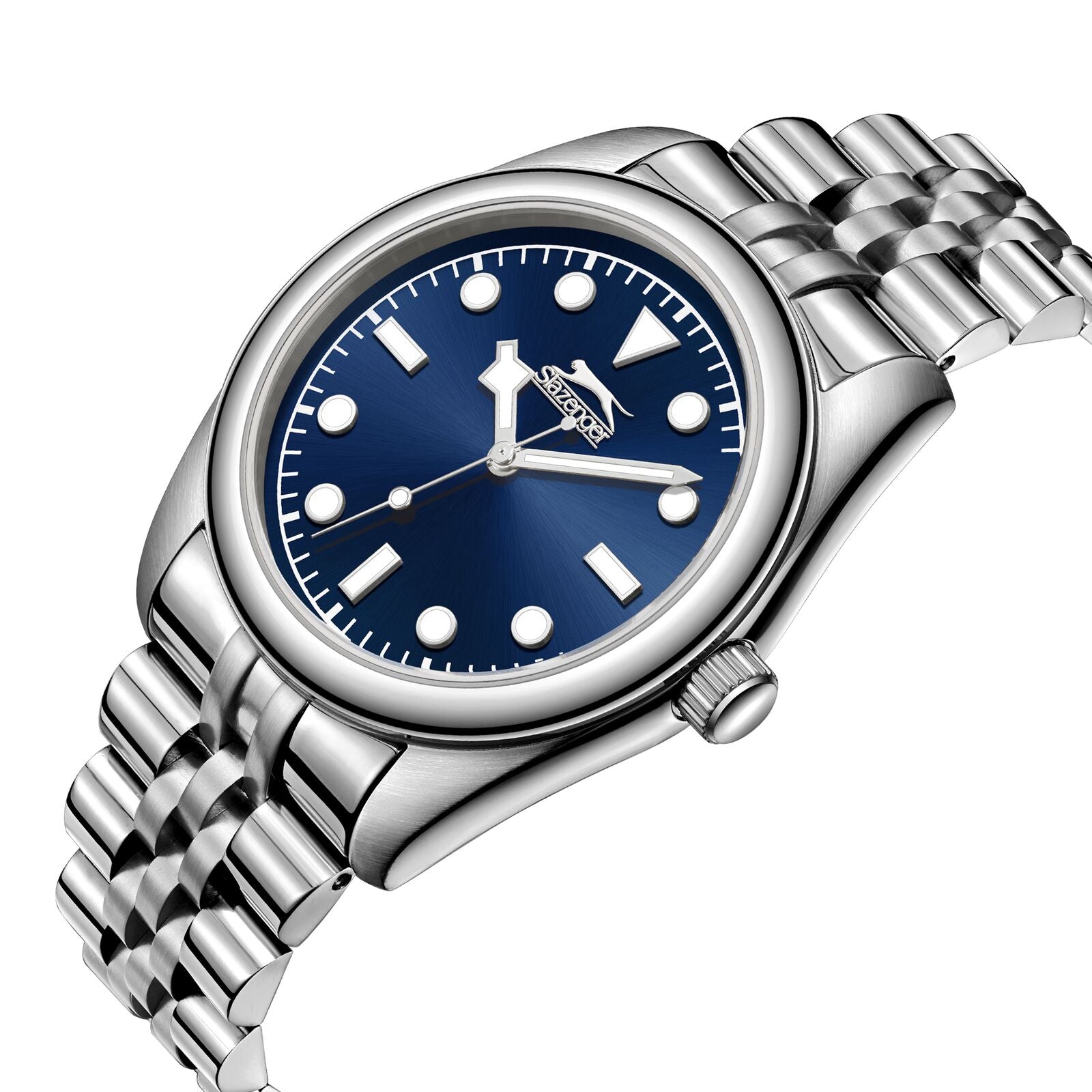 Slazenger Classic watch blue dial silver bracelet angled view