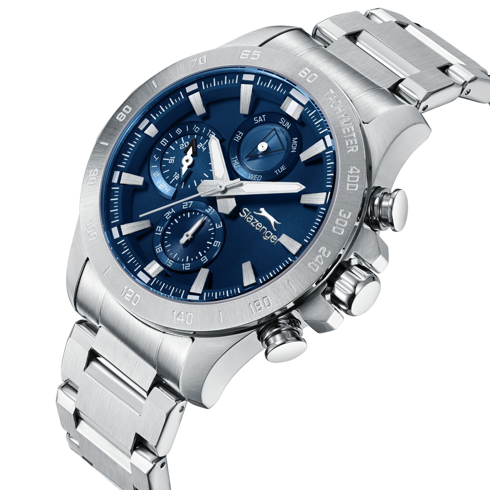 Slazenger multifunction sport watch at angle showing silver case, navy dial, and stainless steel bracelet