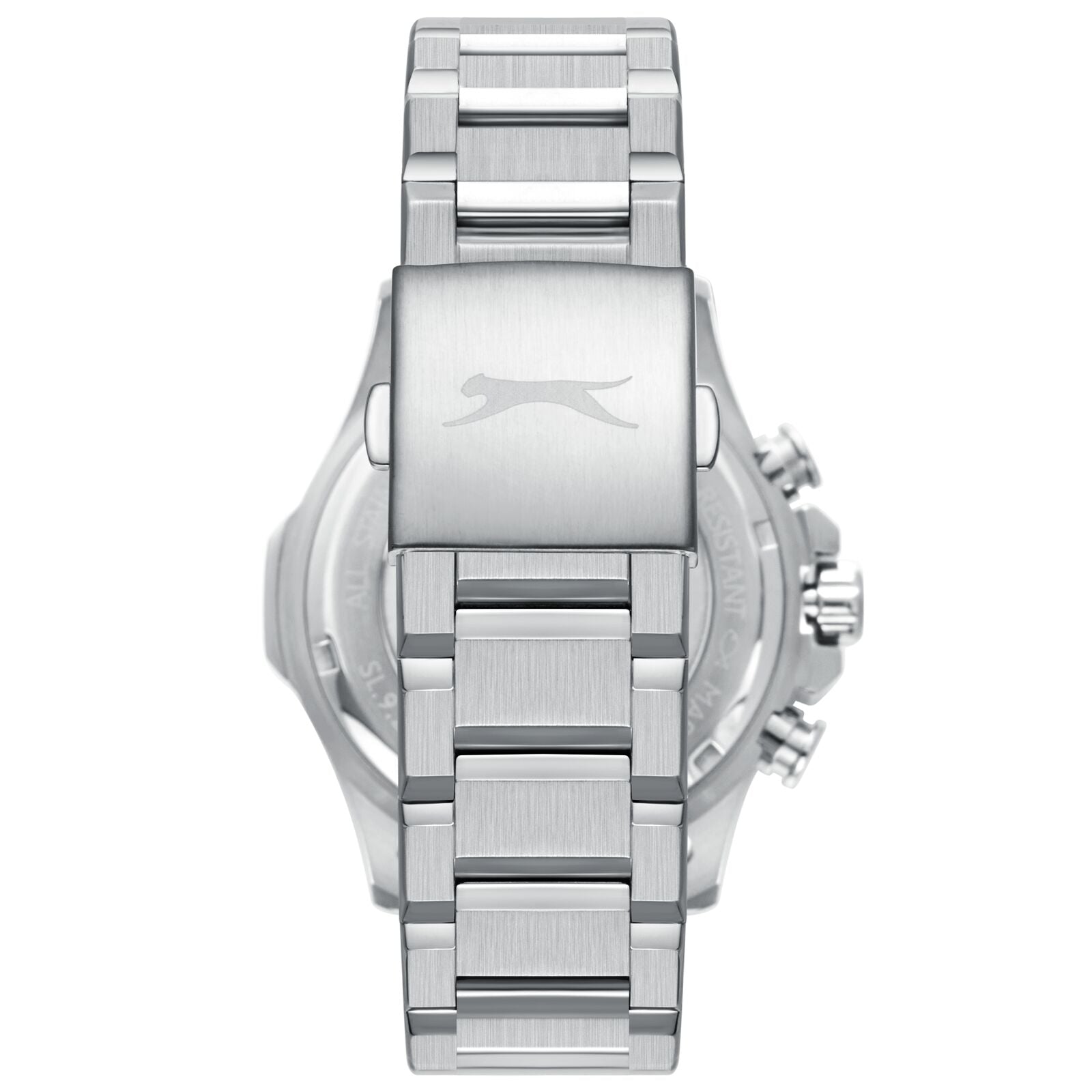 Caseback view of Slazenger watch showing silver stainless steel back with Slazenger logo
