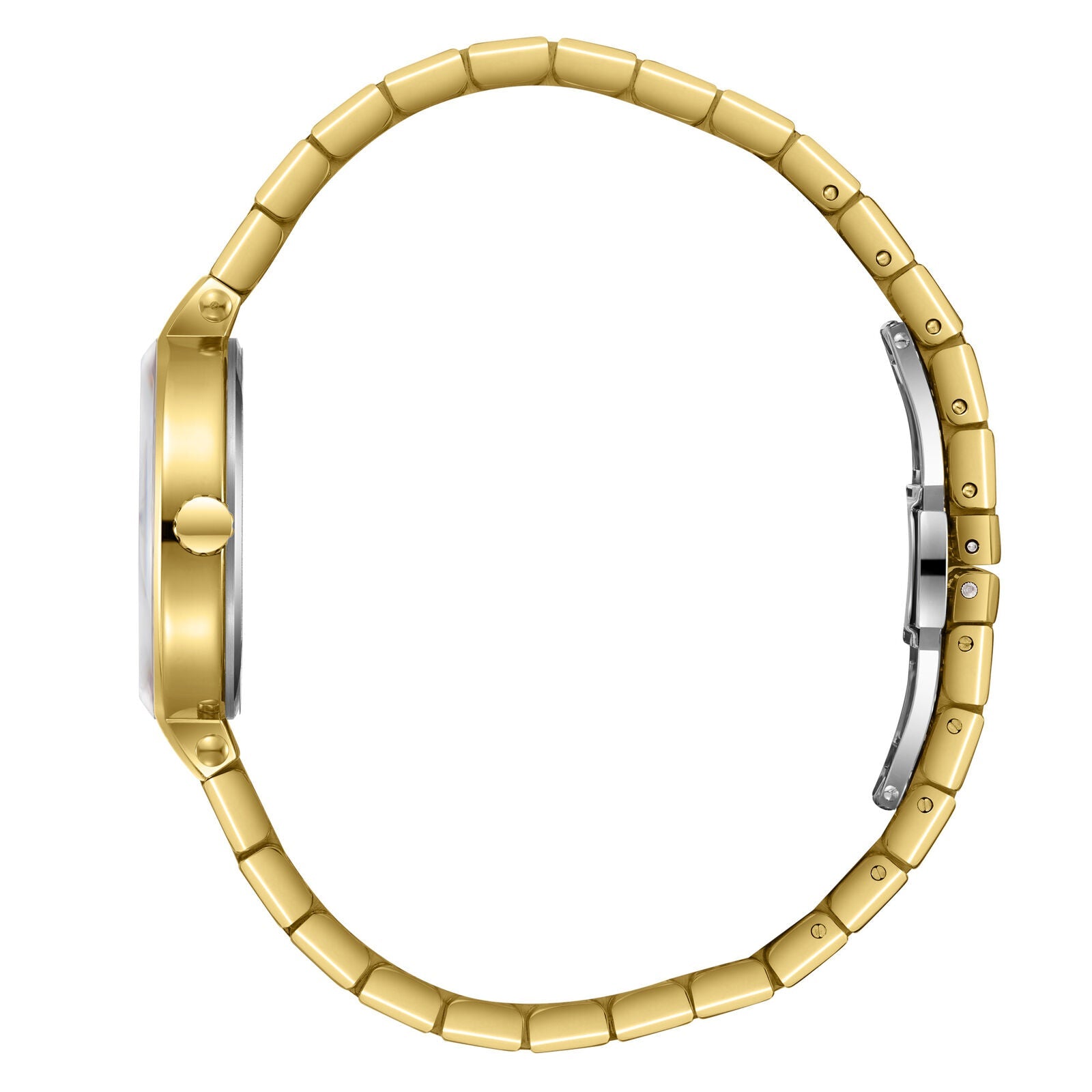 Gold-tone watch bracelet side view showing link construction