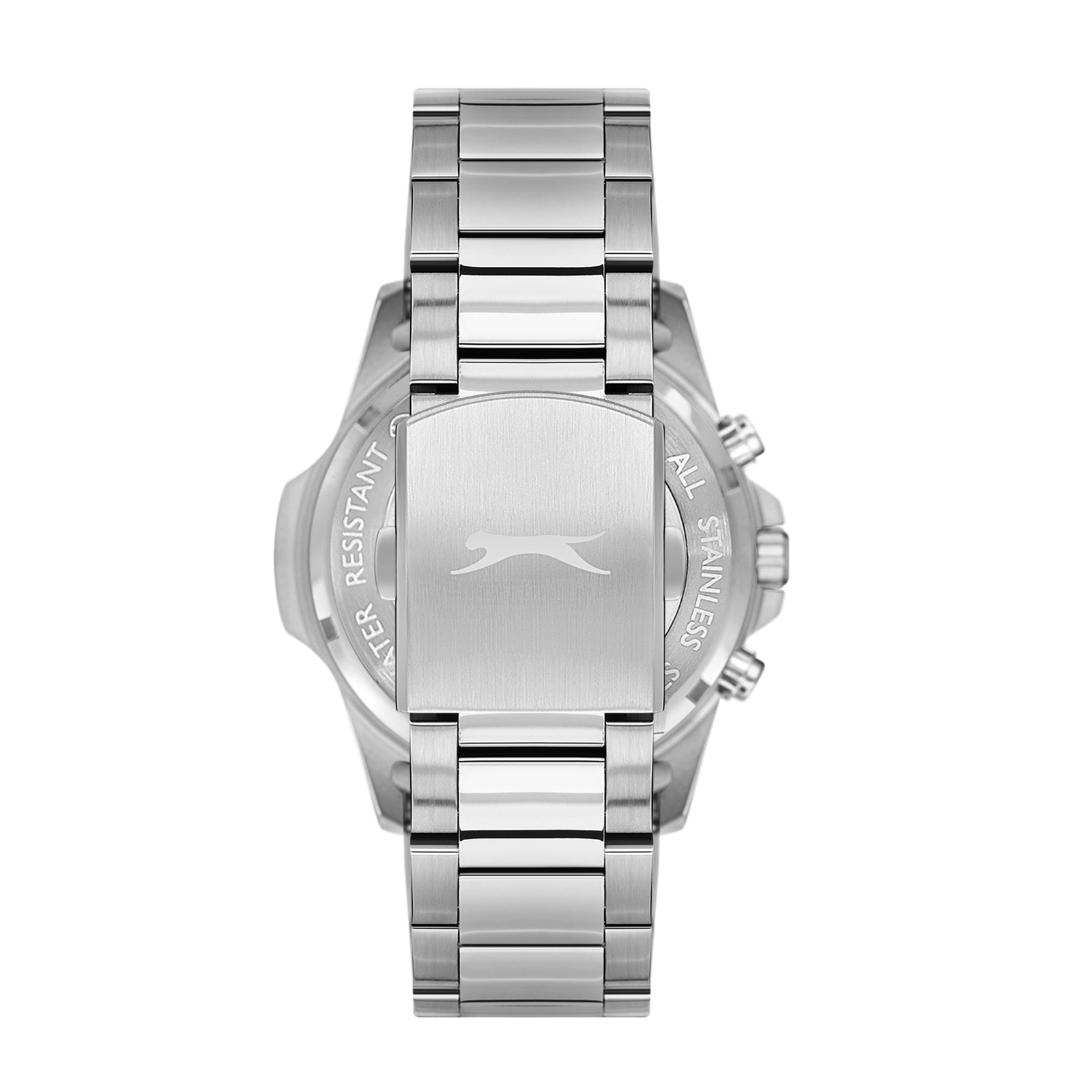 Caseback of Slazenger Sporty watch with Slazenger branding and silver stainless steel