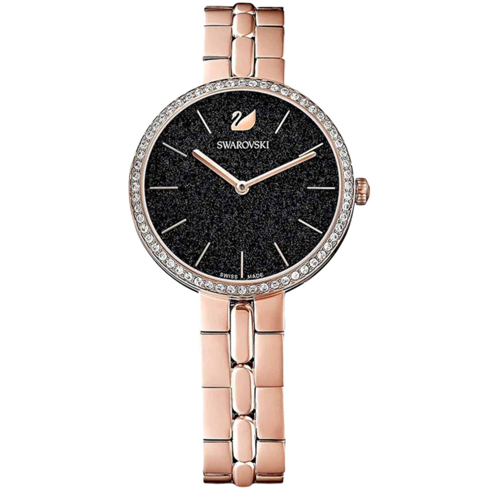 Swarovski Crystal Pave Rose Gold Women's Watch with black dial and crystal-set bezel