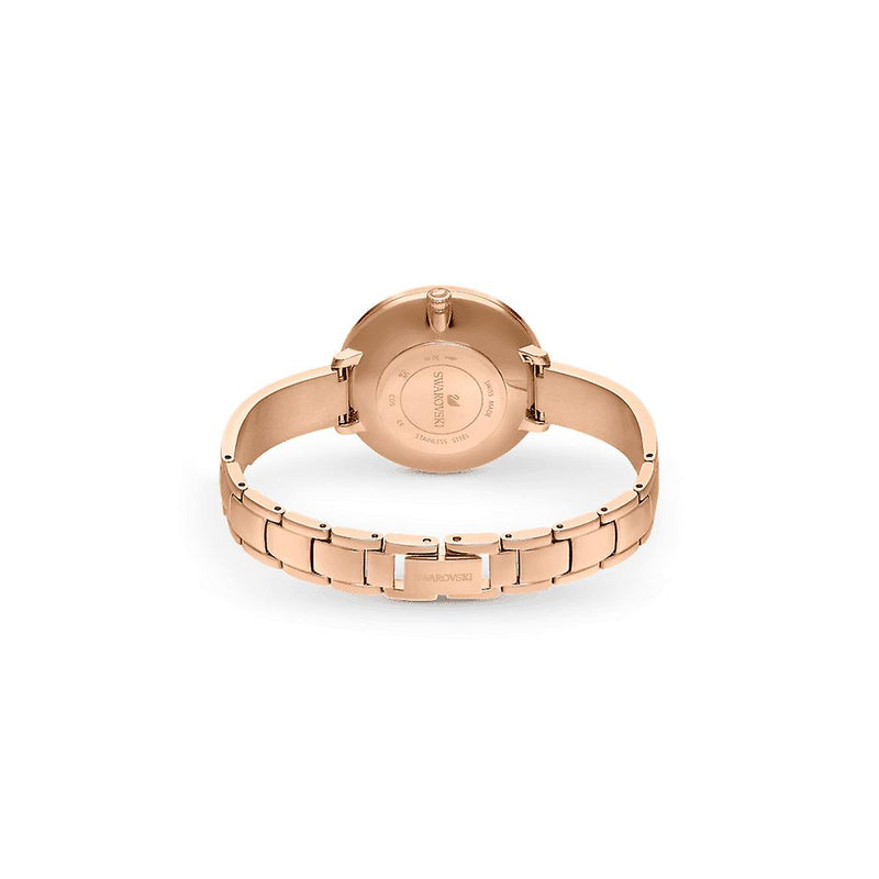 Swarovski Attract watch caseback showing rose gold metal bracelet from behind