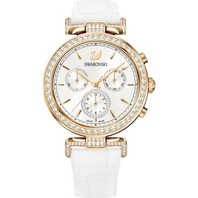 Swarovski Era Journey women's watch with silver dial, rose gold chronograph case, crystal bezel, and white leather strap