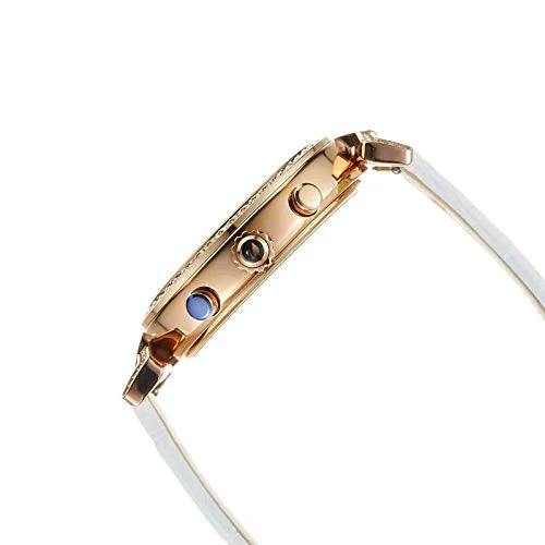 Side view of Swarovski Era Journey watch showing rose gold case, pushers, and white leather strap