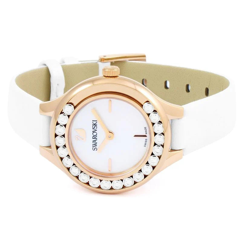 Swarovski Lovely Crystals rose gold watch angled view showing strap and crystal-set bezel