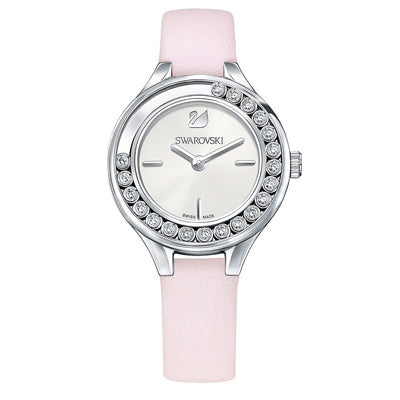 Swarovski Lovely Crystals Mini women's watch front view with pink strap and crystal bezel