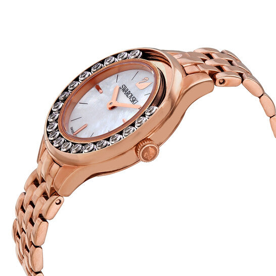 Side view of Swarovski Lovely Crystals Mini watch showing rose gold case and link bracelet