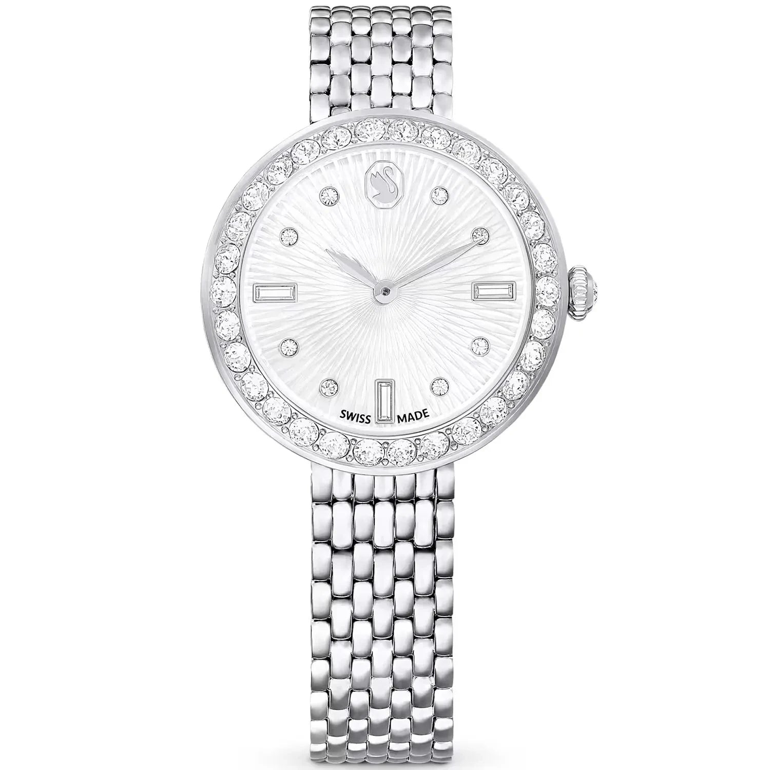 Swarovski Octea Chrono silver watch with crystal bezel and silver dial on steel bracelet