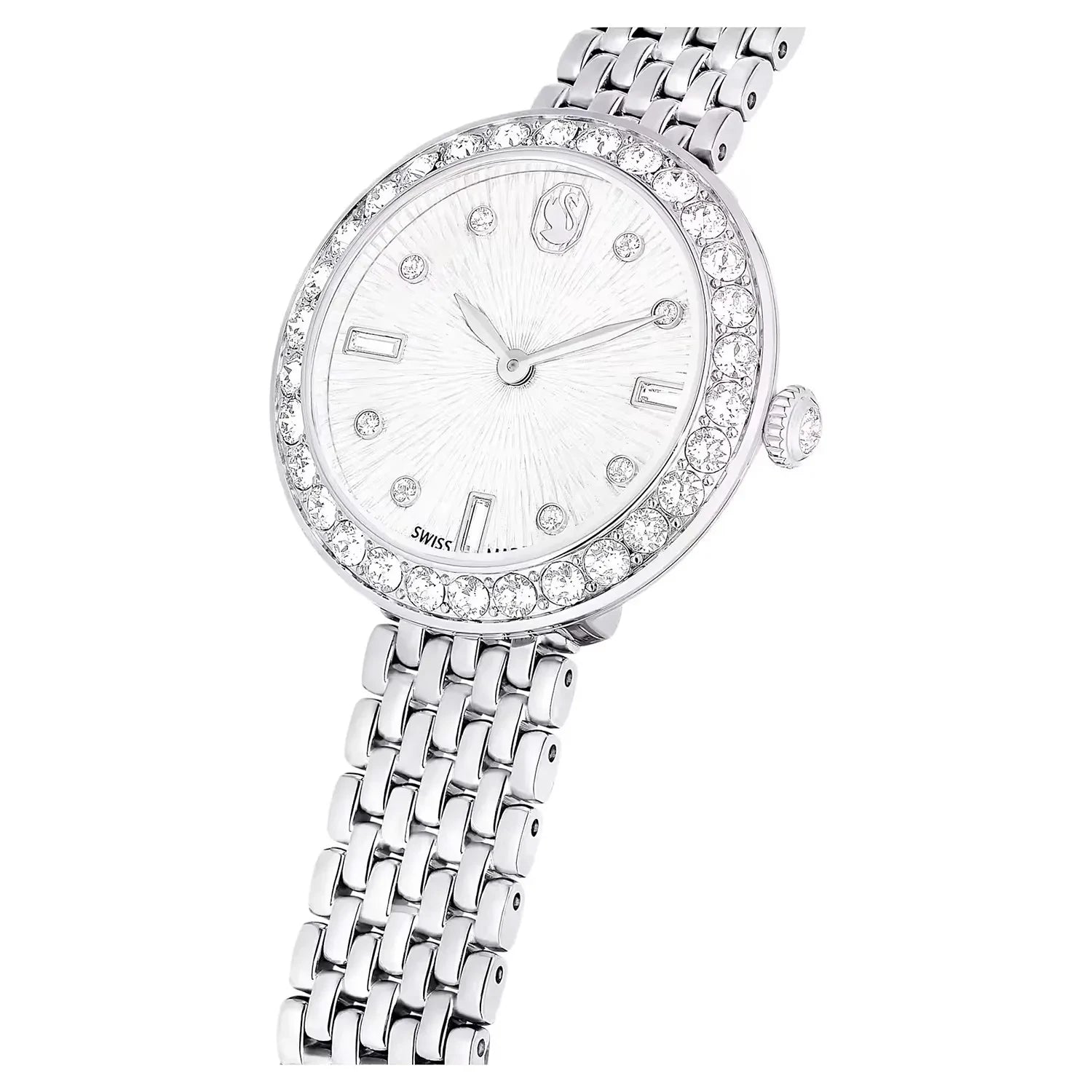 Swarovski Octea Chrono watch on wrist showing silver dial and steel bracelet