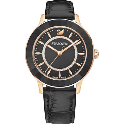 Swarovski Octea Lux black dial watch with rose-gold case and black leather strap