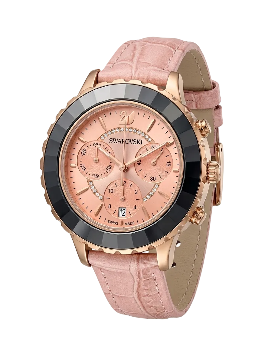 Three-quarter view of Swarovski Octea Lux Chrono chronograph watch with pink crocodile strap