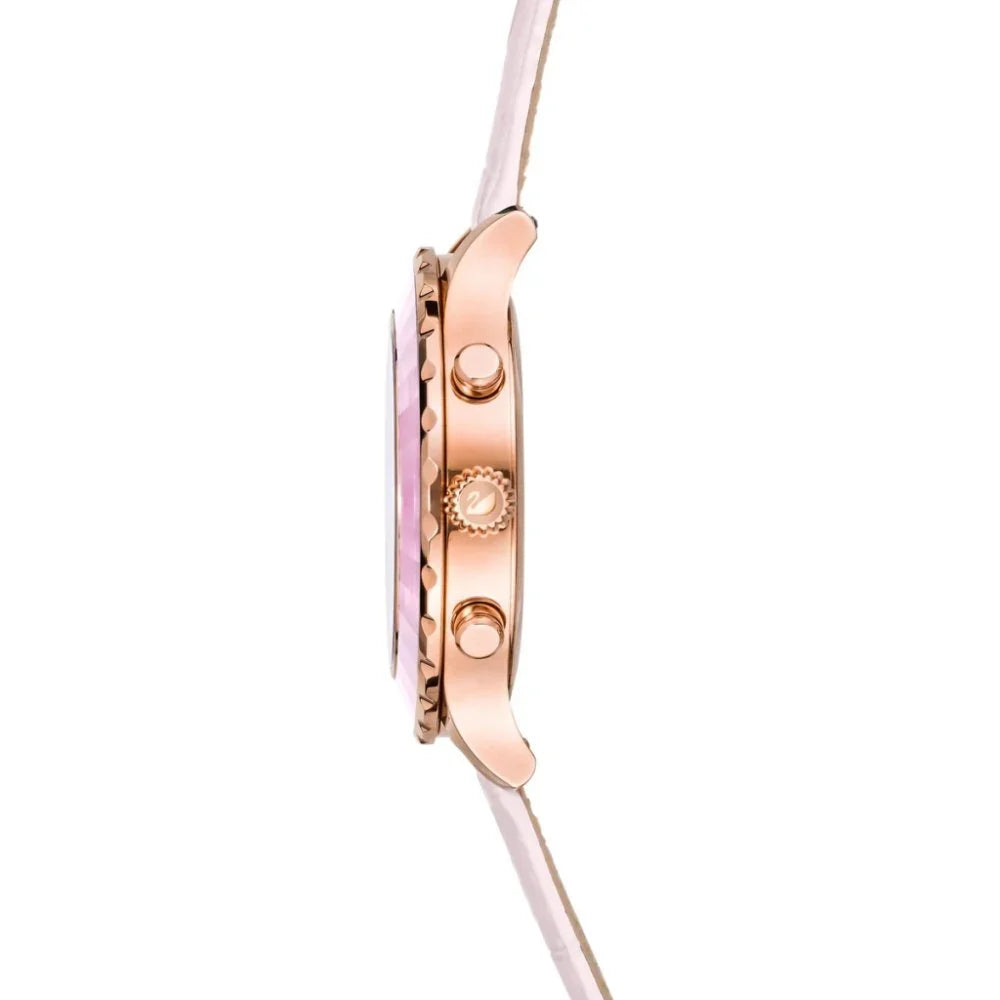 Side profile of Swarovski Octea Lux Chrono watch showing case thickness and pink leather strap