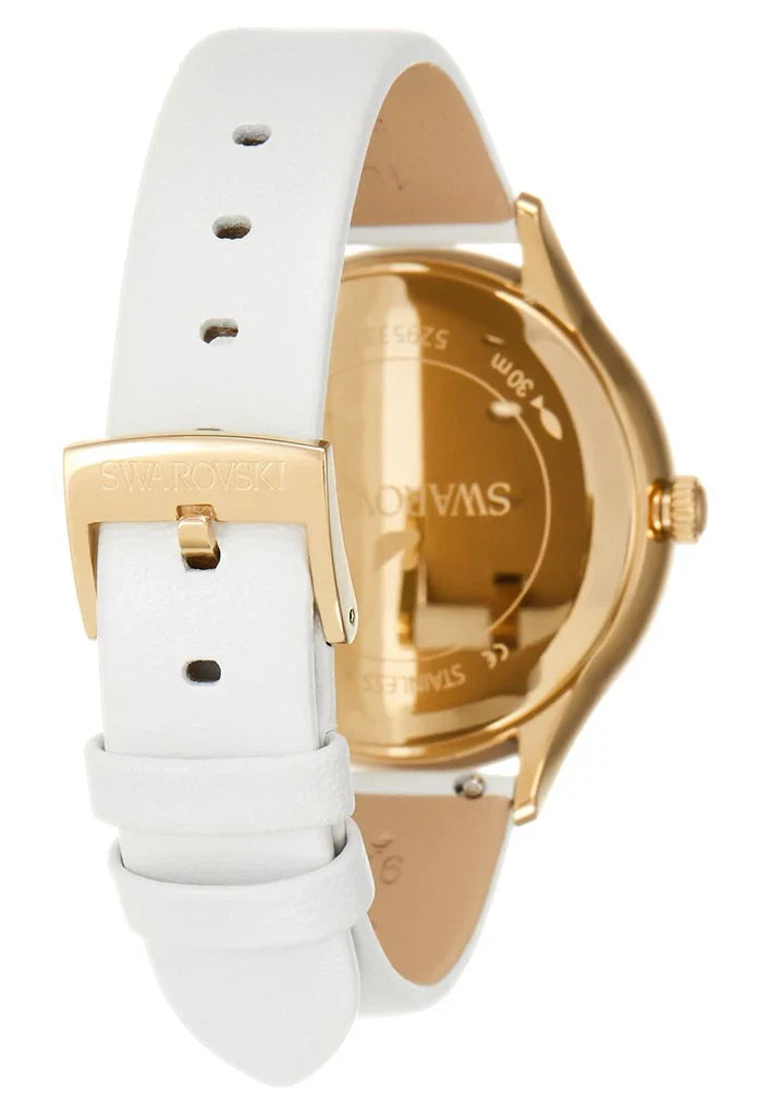 Side view of Swarovski Octea Nova showing white leather strap and gold-tone case back