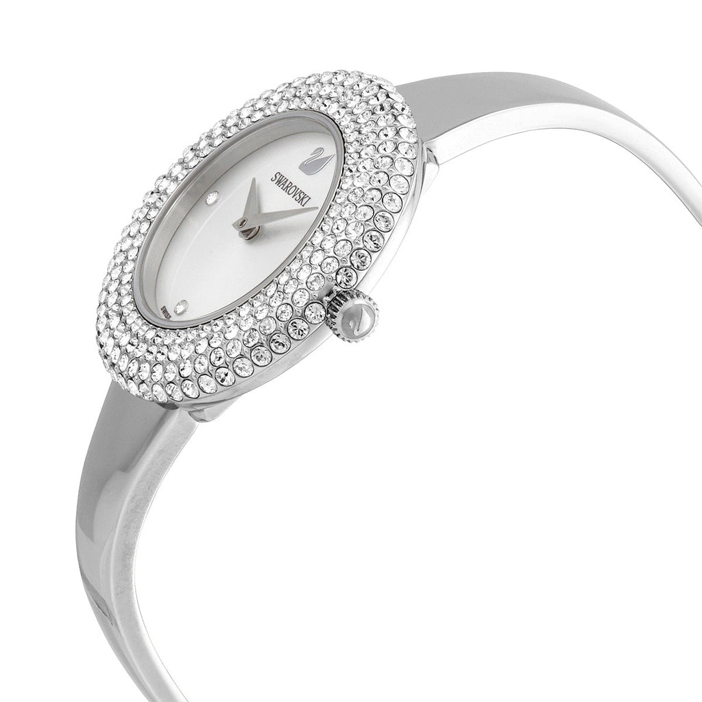 Side angle view of Swarovski Crystal Sparkling watch with silver steel bracelet