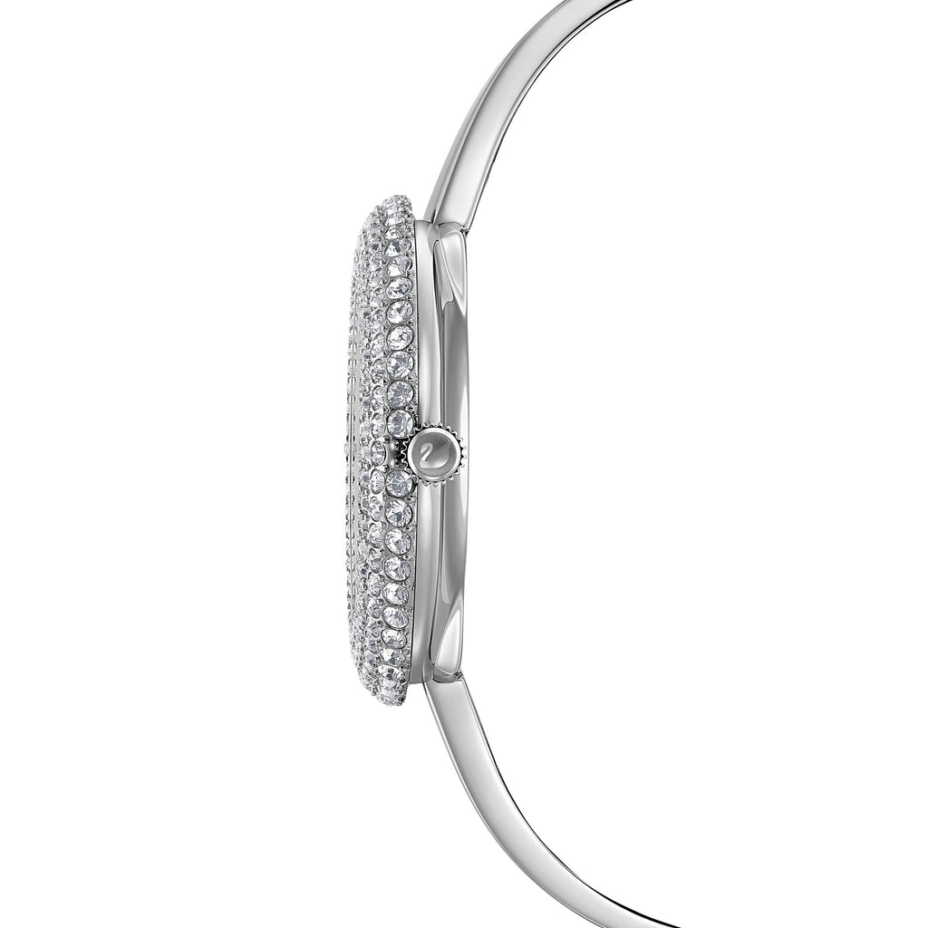 Profile view of Swarovski Crystal Sparkling watch showing micro-pave bezel and bracelet