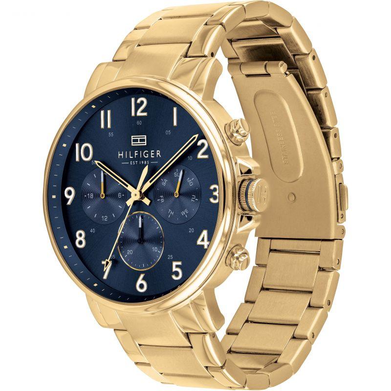 Gold steel chronograph watch with navy blue dial shown at angle