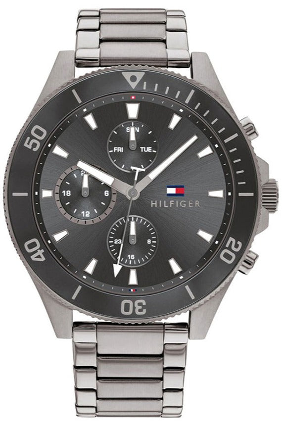 Tommy Hilfiger men's chronograph watch with dark gray dial and stainless steel bracelet