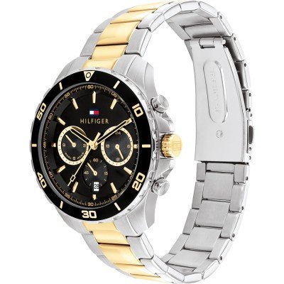 Tommy Hilfiger 1792095 watch displayed at angle showing two-tone steel and gold bracelet