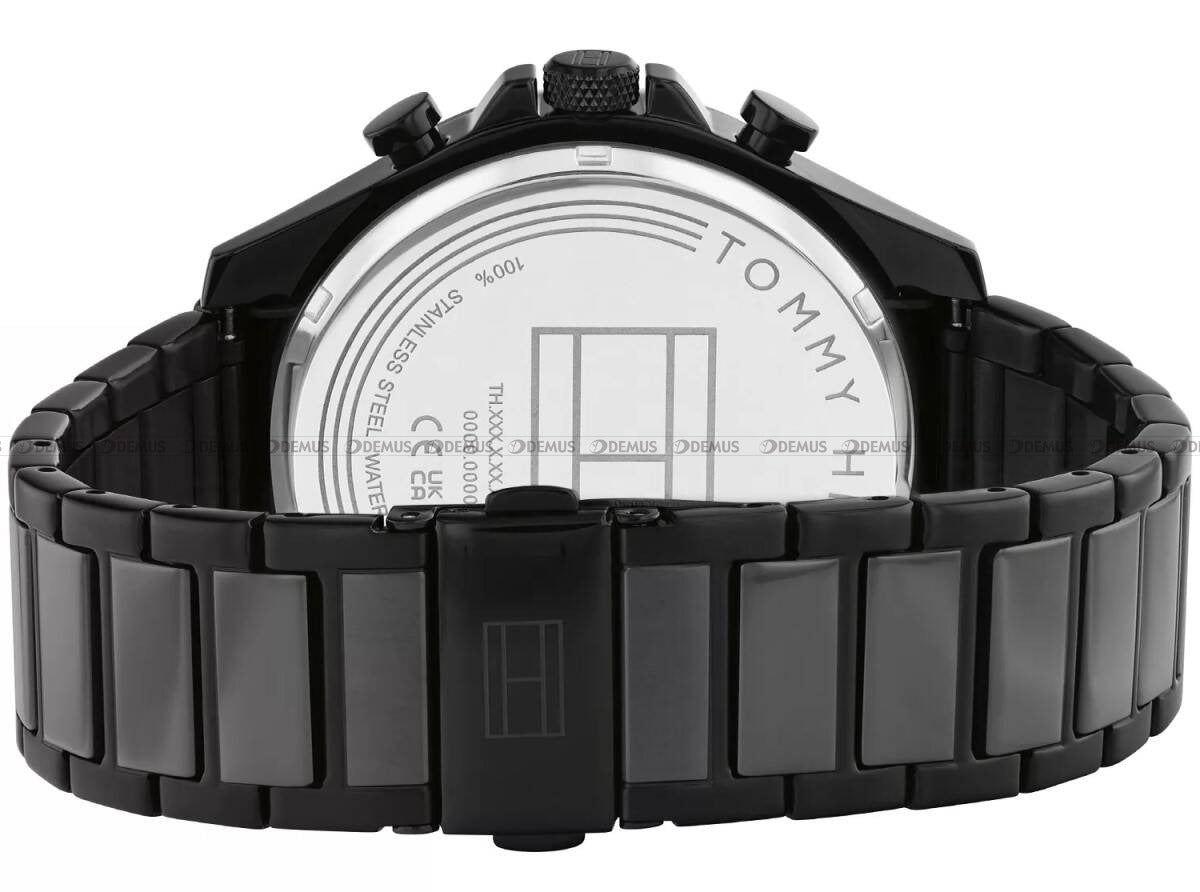 Tommy Hilfiger Damon caseback showing transparent display and black stainless steel bracelet