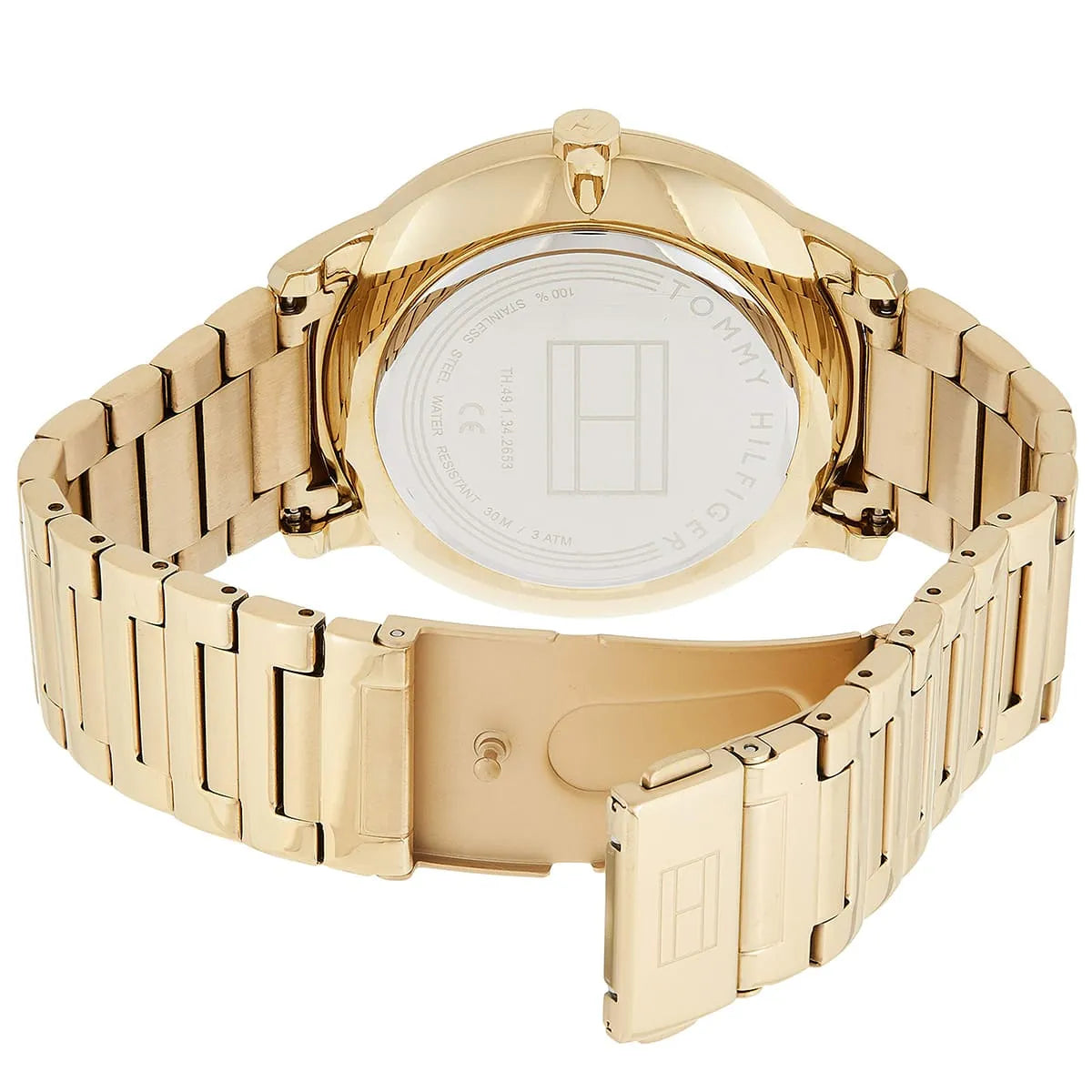 Tommy Hilfiger Hunter watch caseback showing stainless steel back and bracelet