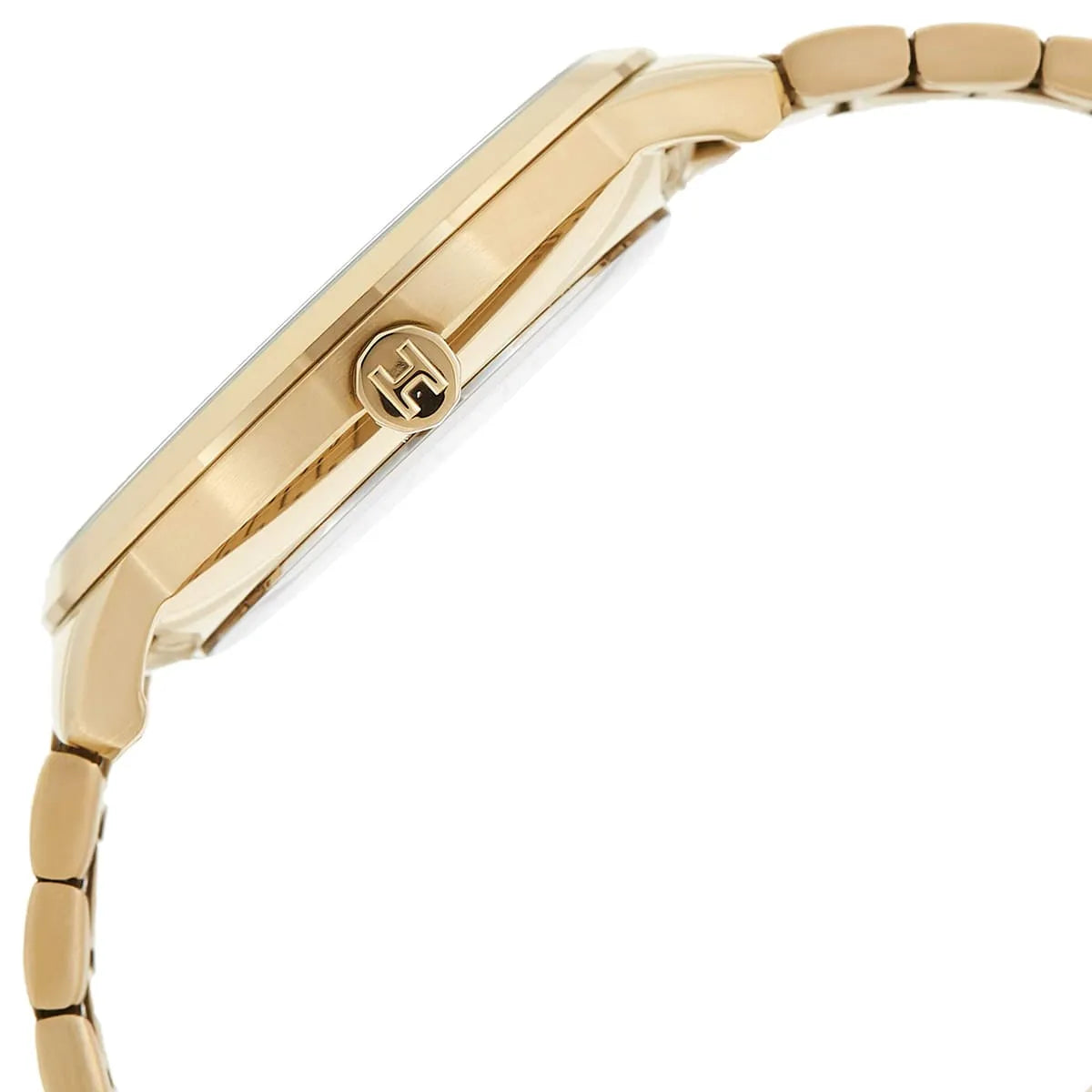 Close-up side view of Tommy Hilfiger Hunter watch case and gold-tone bracelet with crown